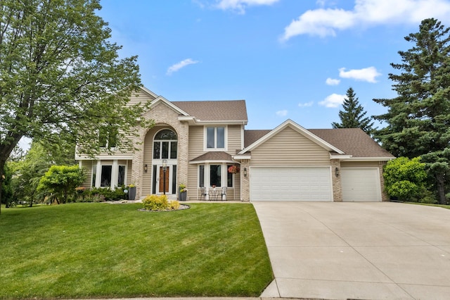 1541 Wexford Ct, Eagan, MN 55122 - traditional-style home featuring a garage, concrete driveway, a front lawn, brick siding, and a shingled roof