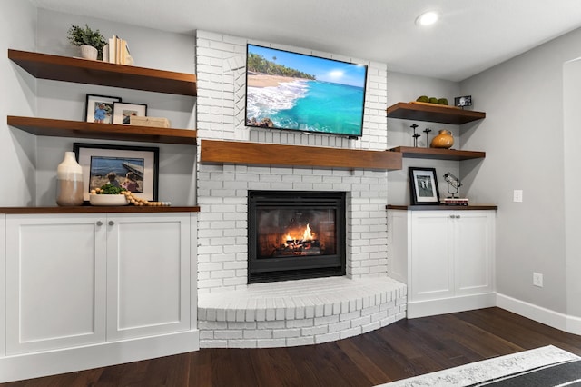 1541 Wexford Ct, Eagan, MN 55122 - unfurnished living room with a brick fireplace, dark wood finished floors, and recessed lighting