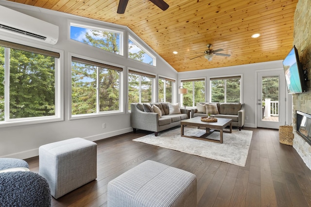 1541 Wexford Ct, Eagan, MN 55122 - sunroom / solarium with a wall mounted AC, wooden ceiling, a wooden deck, hardwood / wood-style floors, and high vaulted ceiling