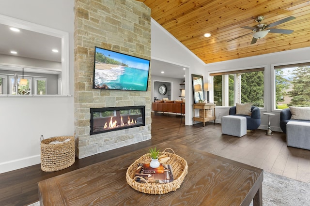 1541 Wexford Ct, Eagan, MN 55122 - living area featuring a stone fireplace, plenty of natural light, hardwood / wood-style floors, recessed lighting, and wood ceiling