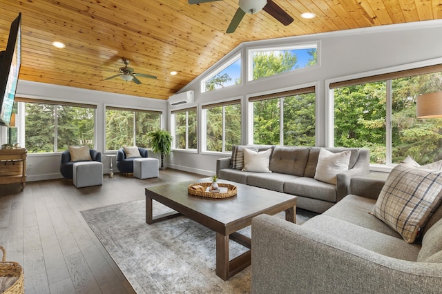 1541 Wexford Ct, Eagan, MN 55122 - sunroom featuring an AC wall unit, wood ceiling, wood-type flooring, recessed lighting, and high vaulted ceiling