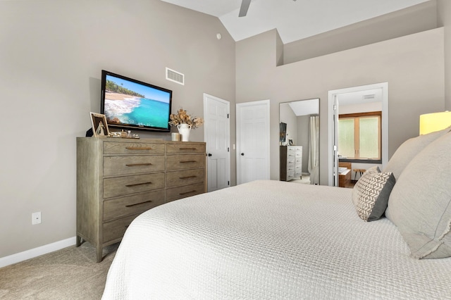 1541 Wexford Ct, Eagan, MN 55122 - bedroom featuring light carpet, high vaulted ceiling, and ceiling fan
