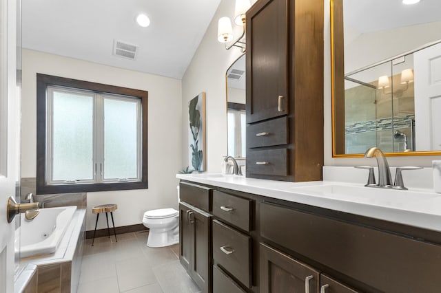 1541 Wexford Ct, Eagan, MN 55122 - bathroom with a tub with jets, double vanity, a shower stall, tile patterned floors, and vaulted ceiling