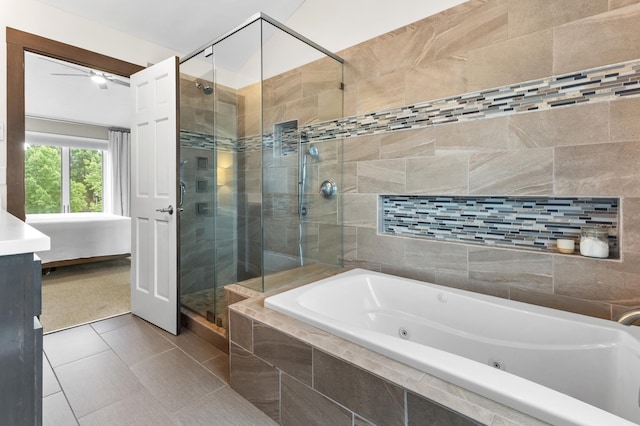 1541 Wexford Ct, Eagan, MN 55122 - bathroom featuring a whirlpool tub, a stall shower, vanity, tile patterned floors, and ceiling fan