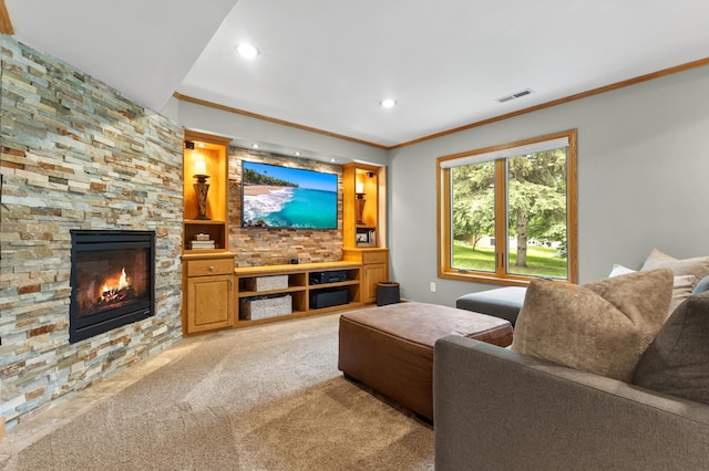 1541 Wexford Ct, Eagan, MN 55122 - living area with ornamental molding, recessed lighting, a fireplace, and light colored carpet