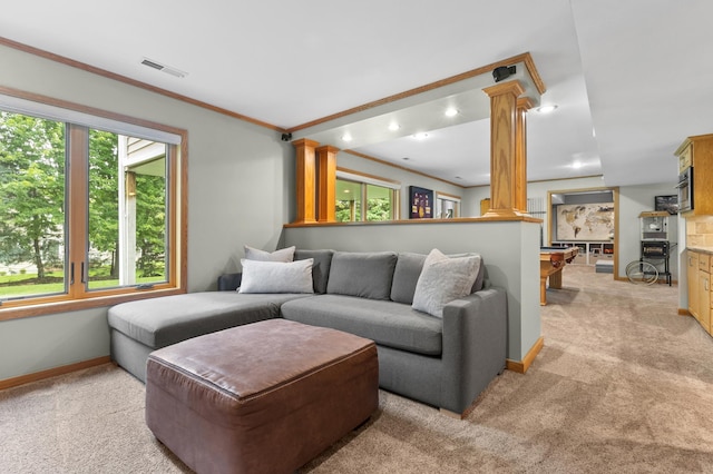 1541 Wexford Ct, Eagan, MN 55122 - living area with decorative columns, light carpet, recessed lighting, and crown molding