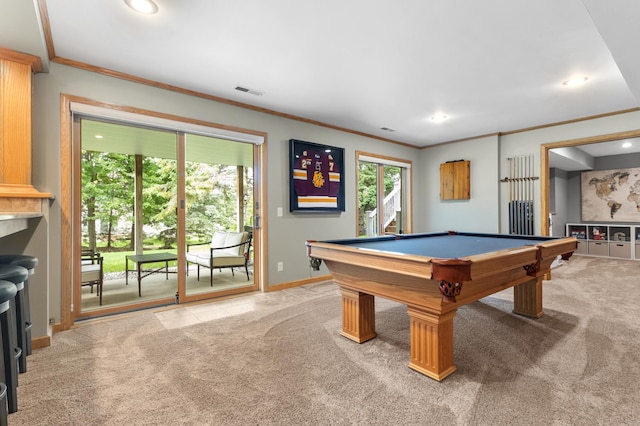 1541 Wexford Ct, Eagan, MN 55122 - playroom with light carpet, ornamental molding, recessed lighting, and billiards table