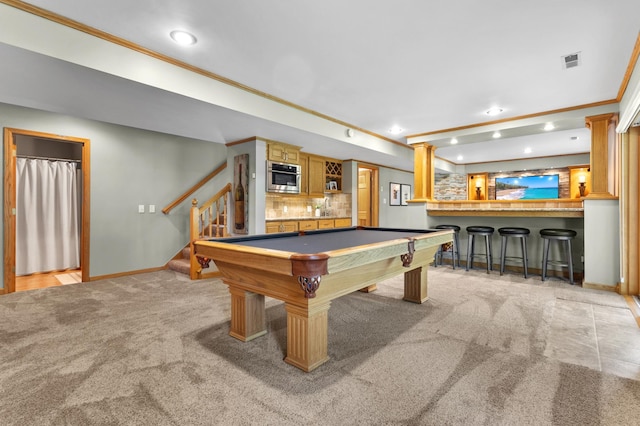 1541 Wexford Ct, Eagan, MN 55122 - recreation room featuring bar area, light carpet, crown molding, recessed lighting, and pool table