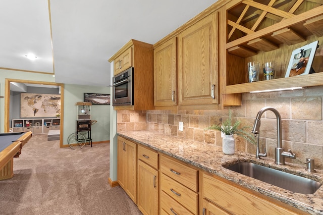 1541 Wexford Ct, Eagan, MN 55122 - kitchen with backsplash, light stone countertops, light carpet, open shelves, and pool table