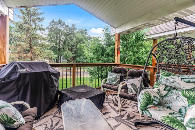 1227 Dupont Ln N, Brooklyn Park, MN 55444 - wooden terrace featuring grilling area, view of wooded area, and outdoor lounge area