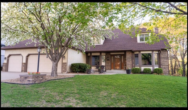 469 Lake Wabasso Ct, Shoreview, MN 55126 - view of front of home featuring brick siding, a front yard, a garage, driveway, and roof with shingles
