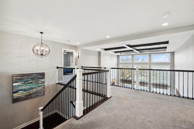 19803 Jersey Ave, Lakeville, MN 55044 - corridor featuring an upstairs landing, recessed lighting, carpet flooring, a chandelier, and beam ceiling