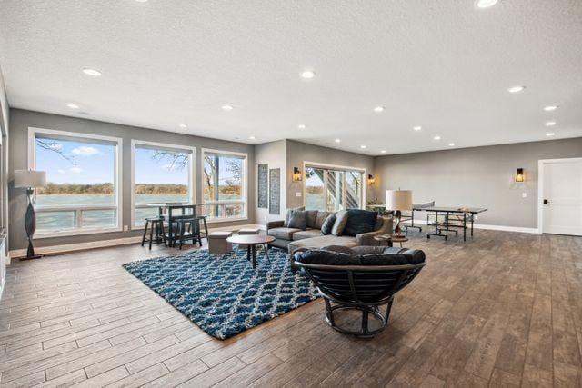 19803 Jersey Ave, Lakeville, MN 55044 - living room featuring a textured ceiling, wood finished floors, and recessed lighting