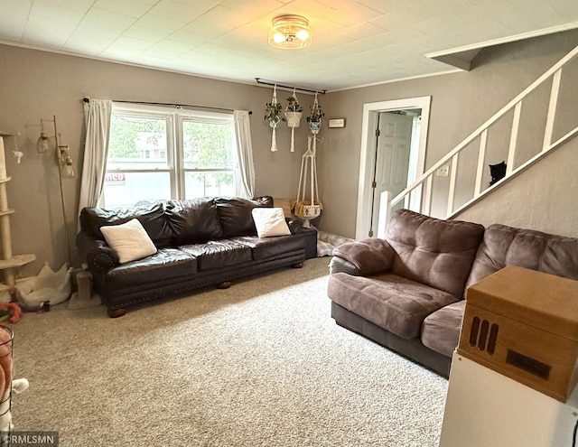 208 Cleveland St SE, Silver Lake, MN 55381 - living room featuring stairway, carpet flooring, and crown molding
