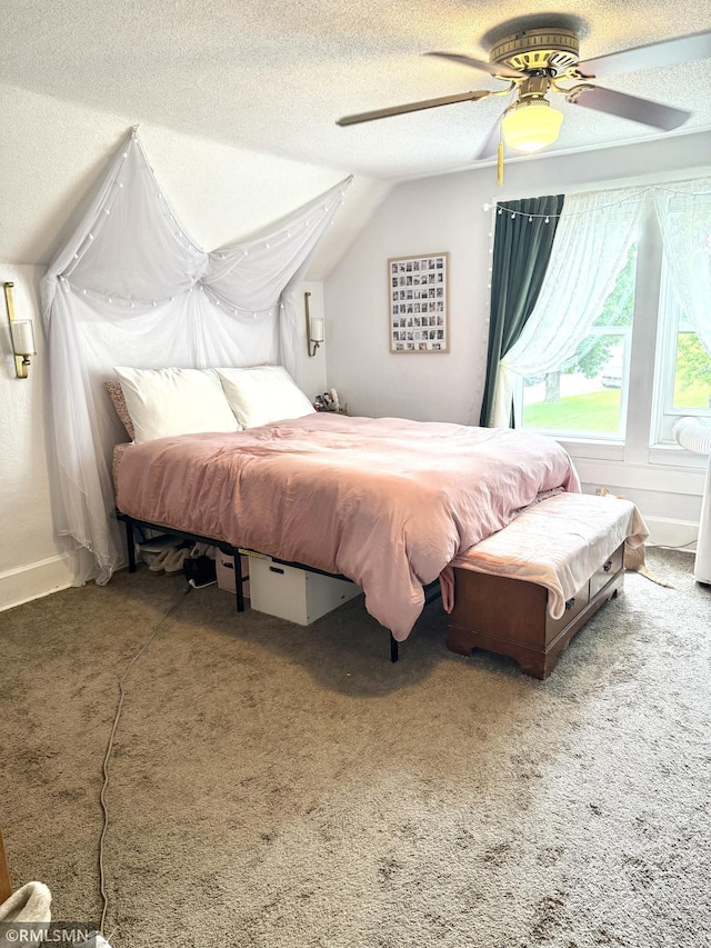 208 Cleveland St SE, Silver Lake, MN 55381 - bedroom with carpet flooring, vaulted ceiling, a textured ceiling, and ceiling fan