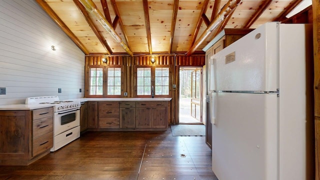 13000 Inlet Cir, Park Rapids, MN 56470 - kitchen with white appliances, dark wood finished floors, wooden ceiling, wooden walls, and light countertops