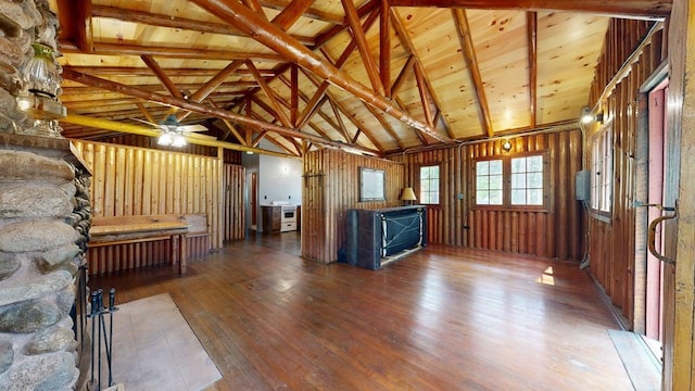 13000 Inlet Cir, Park Rapids, MN 56470 - unfurnished living room featuring hardwood / wood-style floors, ceiling fan, a wood ceiling with exposed beams, and high vaulted ceiling