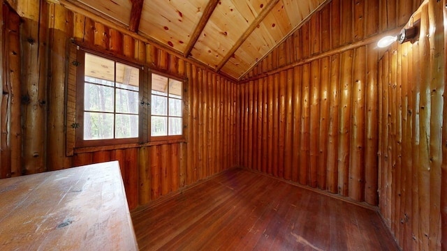 13000 Inlet Cir, Park Rapids, MN 56470 - unfurnished room featuring lofted ceiling, wood-type flooring, wooden ceiling, and wood walls