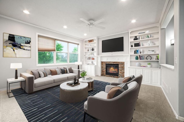 6800 Troy Ln N, Maple Grove, MN 55311 - living room with ceiling fan, carpet floors, recessed lighting, a stone fireplace, and crown molding
