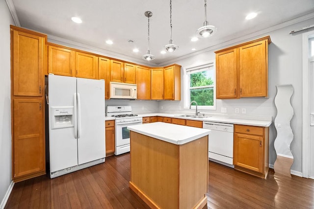 6800 Troy Ln N, Maple Grove, MN 55311 - kitchen featuring white appliances, dark wood-style flooring, light countertops, crown molding, and a kitchen island