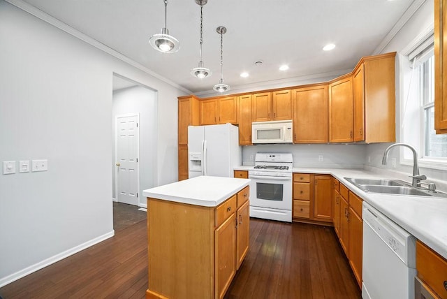 6800 Troy Ln N, Maple Grove, MN 55311 - kitchen with white appliances, ornamental molding, dark wood-type flooring, a center island, and light countertops