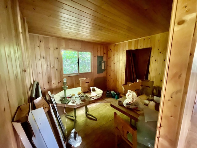111 Wakeman Bay Rd, Wabana Twp, MN 55744 - living area featuring wooden ceiling, electric panel, wood walls, and wood finished floors