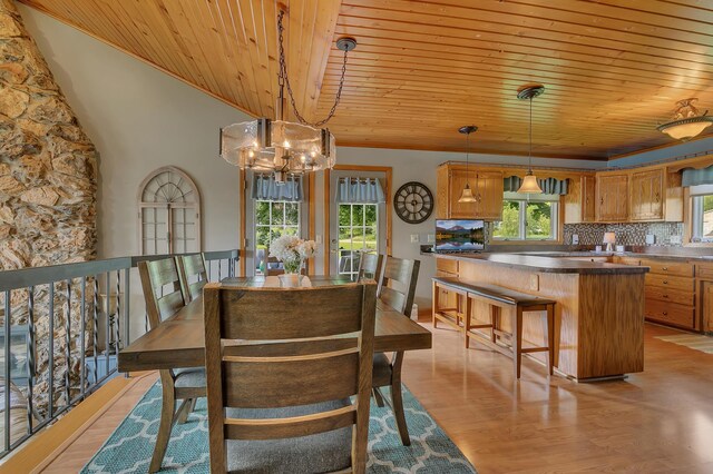 1506 Jackson Ave NE, Saint Michael, MN 55376 - dining area featuring wood ceiling, a chandelier, plenty of natural light, light wood-type flooring, and vaulted ceiling