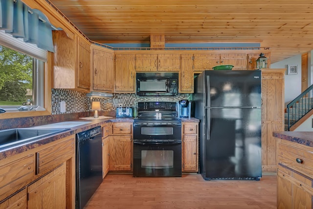1506 Jackson Ave NE, Saint Michael, MN 55376 - kitchen featuring black appliances, wooden ceiling, light wood-style flooring, tasteful backsplash, and dark countertops