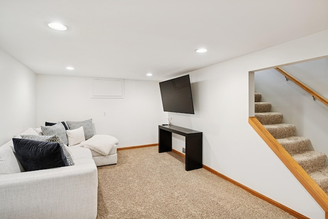 3300 88th St, Bloomington, MN 55431 - living area featuring light colored carpet, recessed lighting, and stairs