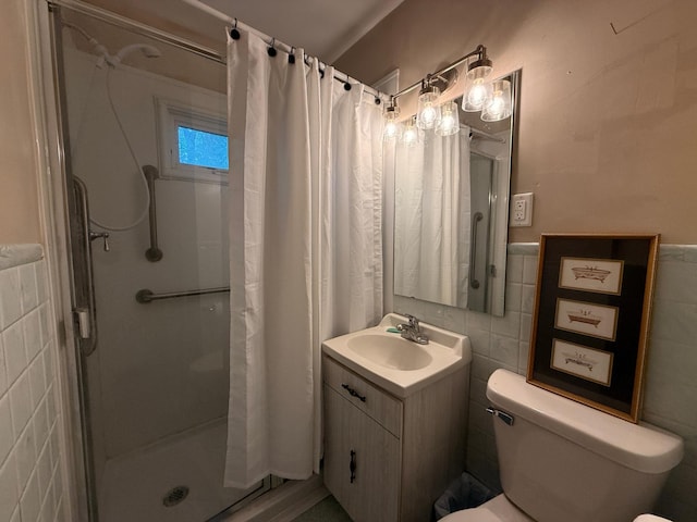 1202 4th St, Montevideo, MN 56265 - full bath with tile walls, vanity, a shower with curtain, and a wainscoted wall
