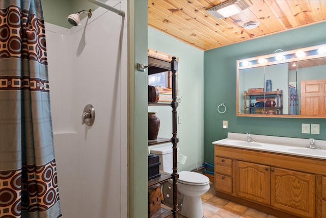2630 320th St, Cushing, WI 54006 - bathroom with double vanity, wood ceiling, curtained shower, and tile patterned floors