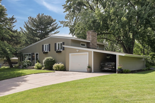 2820 Overlook Dr, Bloomington, MN 55431 - view of front of house featuring a chimney, concrete driveway, a front yard, and a garage