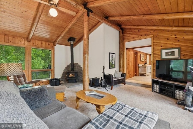 2818 Wilson Ave, Sterling Twp, WI 54024 - carpeted living room featuring a wood stove, wooden ceiling, and wood walls