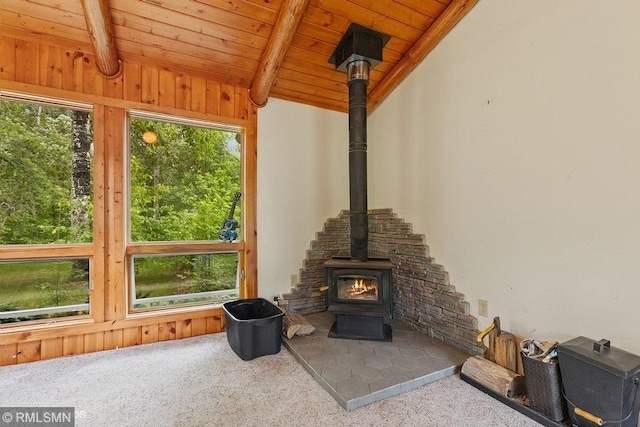 2818 Wilson Ave, Sterling Twp, WI 54024 - detailed view of carpet floors, a wood stove, and a wood ceiling with exposed beams