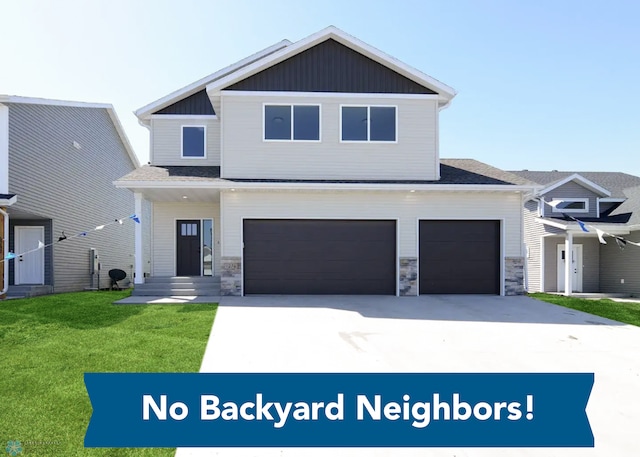 1276 Marlys Dr W, West Fargo, ND 58078 - view of front facade with an attached garage, concrete driveway, stone siding, a front yard, and board and batten siding