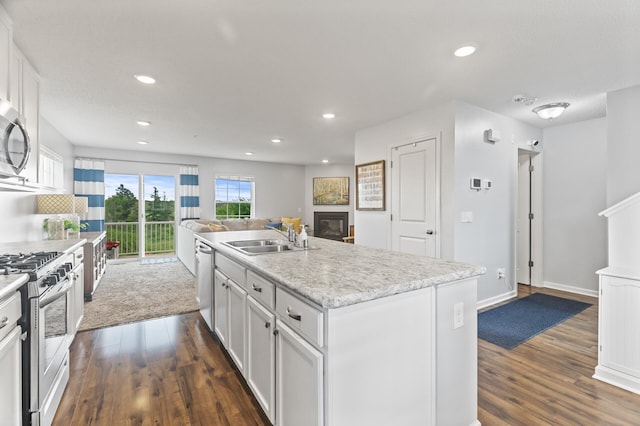 7558 Woods Edge Blvd, Lino Lakes, MN 55014 - kitchen featuring appliances with stainless steel finishes, a glass covered fireplace, dark wood-type flooring, open floor plan, and recessed lighting