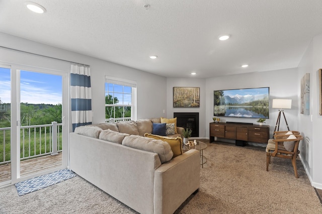 7558 Woods Edge Blvd, Lino Lakes, MN 55014 - carpeted living area with recessed lighting, a glass covered fireplace, and a textured ceiling