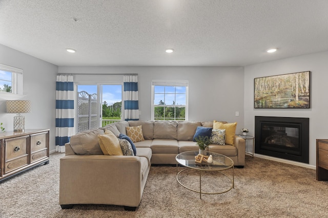 7558 Woods Edge Blvd, Lino Lakes, MN 55014 - living area with recessed lighting, a textured ceiling, plenty of natural light, carpet floors, and a glass covered fireplace