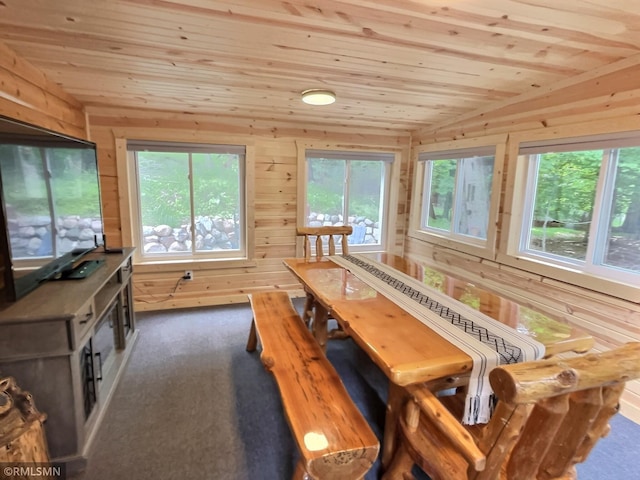 13648 Campfire Cir, South Haven, MN 55382 - carpeted dining room featuring wooden ceiling and wood walls