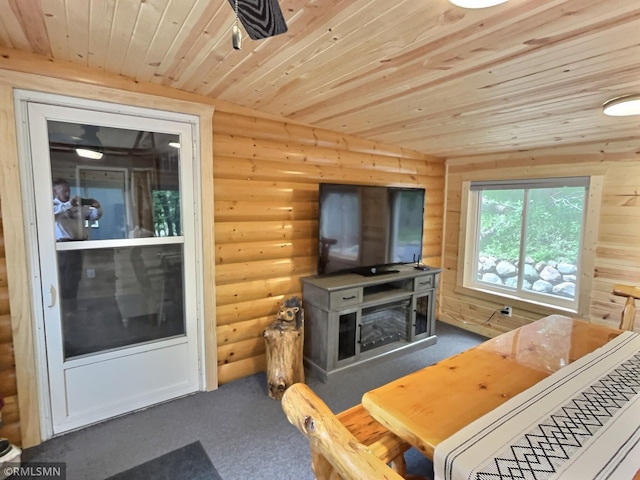 13648 Campfire Cir, South Haven, MN 55382 - living area with rustic walls, dark colored carpet, and wooden ceiling