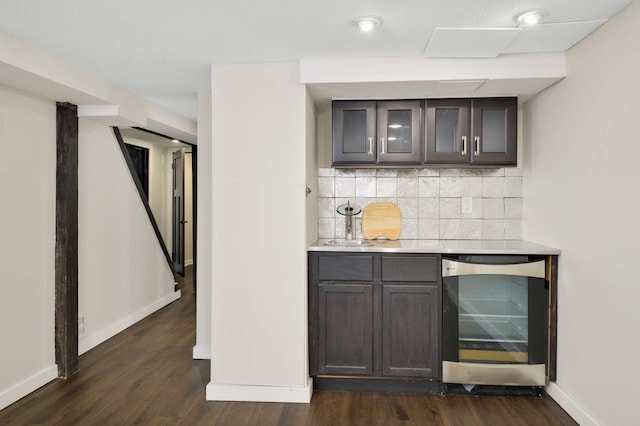 1339 Sargent Ave, Saint Paul, MN 55105 - indoor bar with wine cooler, decorative backsplash, and dark wood-type flooring