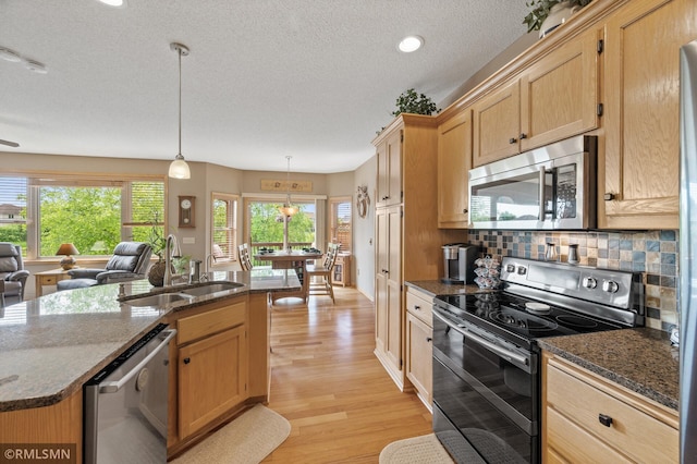 6831 Centerville Rd, Centerville, MN 55038 - kitchen with stainless steel appliances, light wood-style floors, a textured ceiling, healthy amount of natural light, and light brown cabinetry