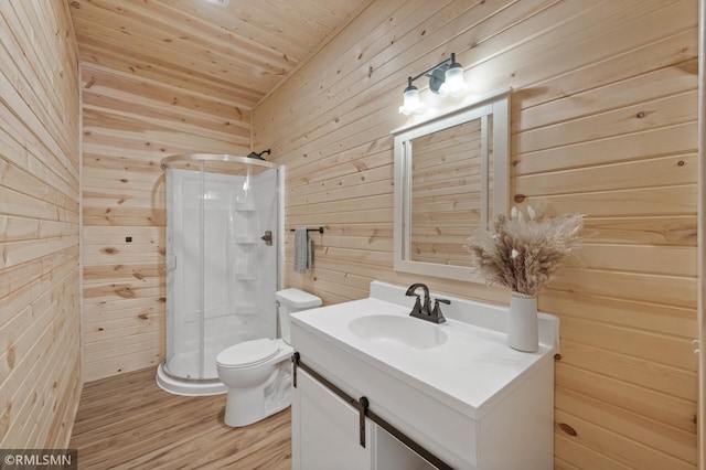 6831 Centerville Rd, Centerville, MN 55038 - full bath with wooden walls, a shower stall, vanity, wood finished floors, and wooden ceiling