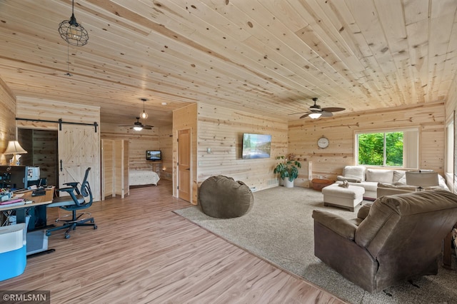 6831 Centerville Rd, Centerville, MN 55038 - living area with a barn door, ceiling fan, wooden walls, wood ceiling, and wood finished floors