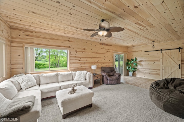 6831 Centerville Rd, Centerville, MN 55038 - living area featuring a barn door, wood ceiling, wood walls, and a ceiling fan