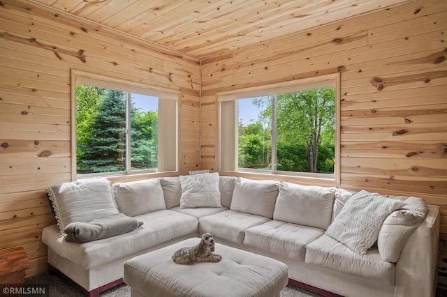 6831 Centerville Rd, Centerville, MN 55038 - living room featuring wooden walls, healthy amount of natural light, and wooden ceiling