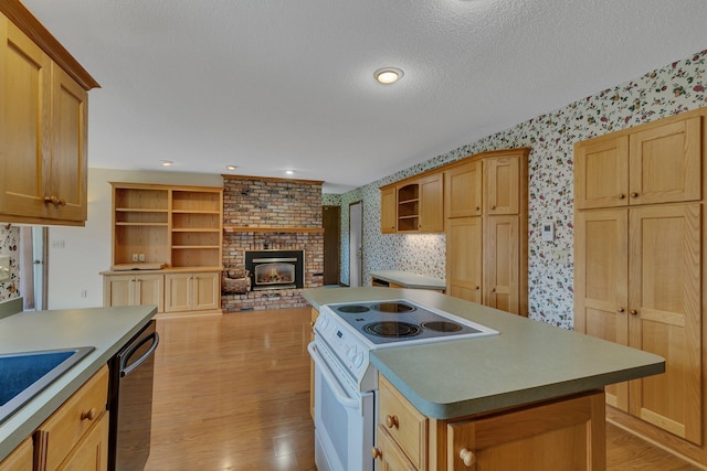 1044 Borgert Ave, Saint Cloud, MN 56303 - kitchen featuring white range with electric stovetop, wallpapered walls, dishwasher, open shelves, and light wood-type flooring