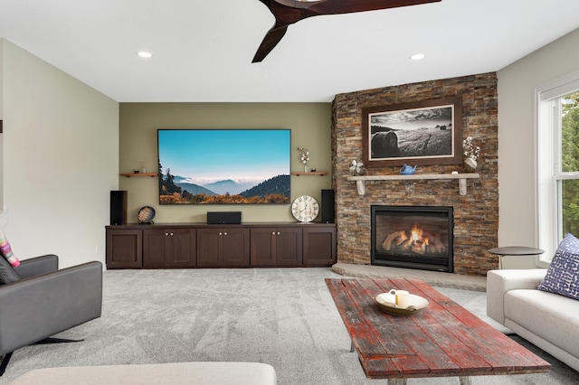 4965 250th St, Elko New Market, MN 55020 - living room featuring carpet flooring, a stone fireplace, and recessed lighting