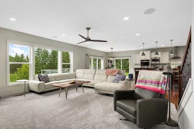 4965 250th St, Elko New Market, MN 55020 - living room featuring healthy amount of natural light, recessed lighting, ceiling fan, and light carpet