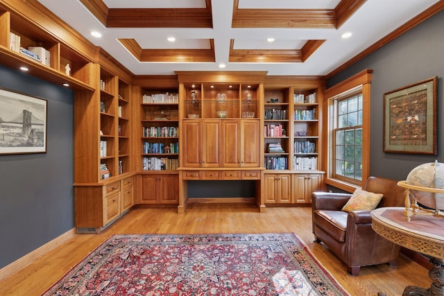10636 Purdey Rd, Eden Prairie, MN 55347 - sitting room with built in desk, ornamental molding, coffered ceiling, light wood-style floors, and beam ceiling